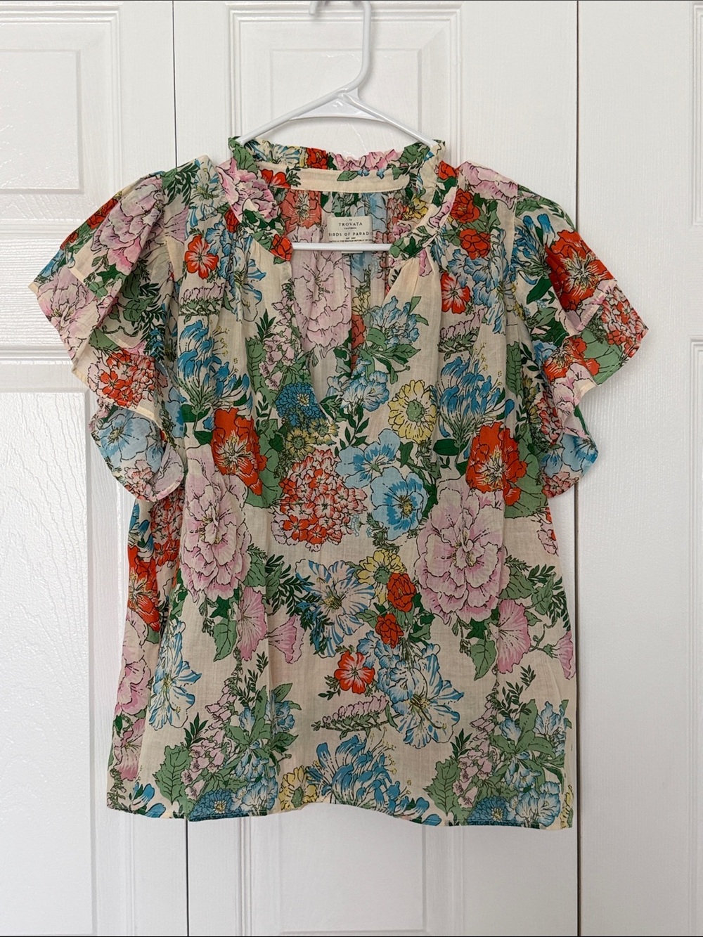 Trovata Floral Ruffle Flutter Sleeve Blouse - Cream Multi